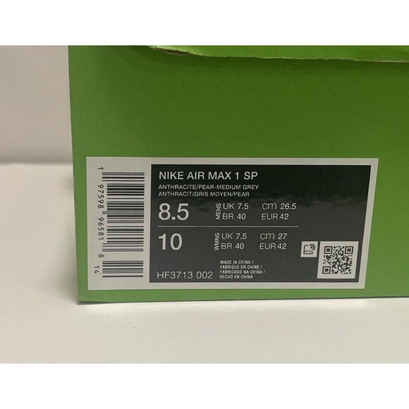Nike Air Max 1 SP HUF Anthracite Pear Green Medium Grey US Men’s 8.5 Brand New